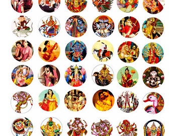 Hindu Krishna gods goddesses collage sheet 1" inch circle printable India deities art clipart digital print download