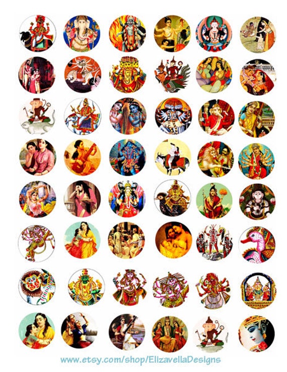 Hindu Krishna gods goddesses printable collage sheet middle east art clipart digital download  1" inch circle graphics India deities