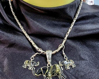 black enamel rhinestone elephant necklace and earrings set animal jewelry