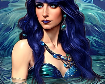 Blue Hair Pisces queen Mermaid woman Zodiac original art 8x10 inch printable wall art digital instant download fantasy fairytale art