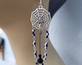 spiderweb charms long beaded earrings bead drop earring black and white handmade jewelry