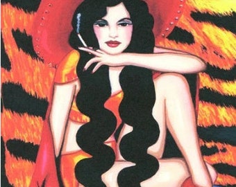 mexican pin up girl original art print contemporary paintings tiger skin sombrero hat modern Mexican artwork