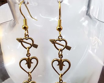 gold double hearts bow cross earrings, metal brass long dangles, handmade jewelry
