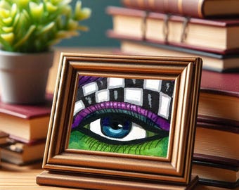 surreal original aceo art card atc womans eye art, chess board, aceo drawing miniature surreal OOAK artwork
