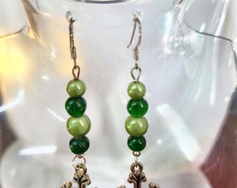 green bead drop cross earrings, metal charm dangles handmade jewelry