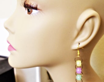 Glow in the dArk bead yellow leaf earrings long hoop dangles handmade party jewelry