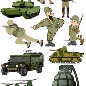 kreskówka żołnierze armii clipart kolaż arkusz komiksy wojskowe wojna sztuka czołgi broń arkusz do druku cyfrowe pobieranie obrazy wycinanki