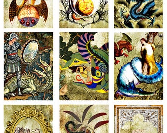 printable collage sheet dragons maidens knights fantasy art digital download aceos 2.5" x 3.5" fairytale printables