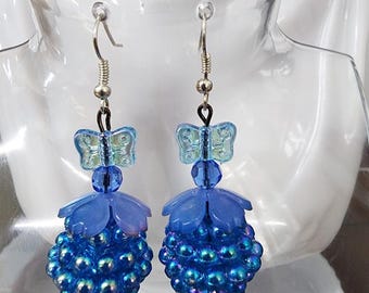 blue raspberry bead drop earrings, long dangles, big bead earrings handmade jewelry
