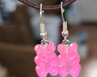 pink gummy bear earrings, acrylic plastic charms handmade minimal animal jewelry