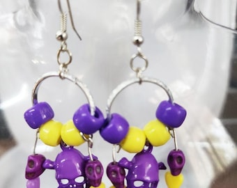purple pirate skull earrings day of the dead hoop earrings dangles goth bead handmade jewelry