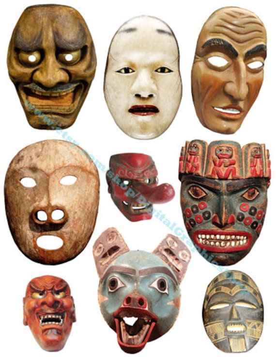 ancient masks, masquerade, tribal, mask clipart png, printable, jpg, instant download, digital print, cut out, die cuts