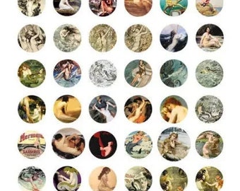 vintage mermaids, sea sirens, nymphs, clipart, digital collage sheet, instant download, 1 inch circles, art printables