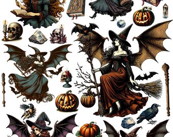 victorian style witches with wings paper dolls collage sheet skulls crows pumpkins clipart png jpg printable art instant digital download