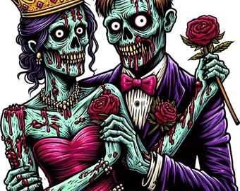 zombie prom king and queen clipart png jpg horror art printable creepy dark art color illustration digital print goth art download