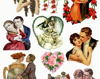 Vintage couples lovers romance art collage sheet digital print die cuts clipart png jpg download
