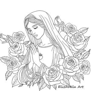 Vergine Maria con rose Pagina da colorare per adulti, JPG PDF stampabile, ritratto di donna da scaricare, disegno a mano di arte religiosa,