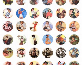 Imágenes prediseñadas digitales de collage de círculos de 2,5 cm con vaqueras vintage, fotos antiguas, pin-ups, rancho, rodeo, arte country western.