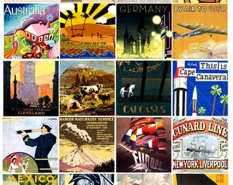 vintage travel posters art collage sheet 2 inch squares clipart, digital download print, craft printables