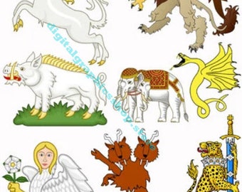 fantasy beasts, mythical creatures, animals, collage sheet, clipart, fairytale digital print instant download printable graphics