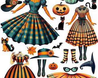 pumkin head girls Halloween paper dolls digital download crafts printable cut outs
