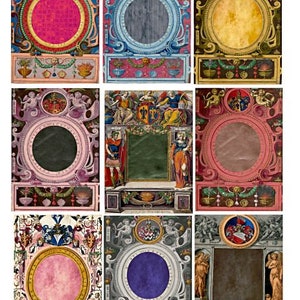 May include: Nine ornate frames with different colored backgrounds and decorative borders. Each frame has a blank space in the center. The frames are arranged in three rows of three.
