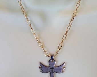 stainelss steel gold cross pendant necklace lords prayer spanish words handmade unisex jewelry