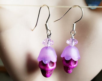 stone purple sugar skull earrings bead dangles day of the dead handmade jewelry