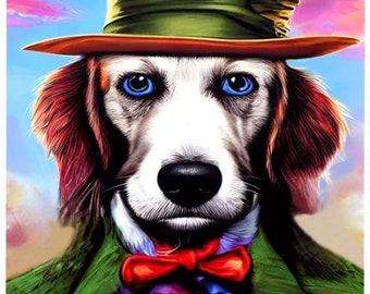 mad hatter dog fairytale animals -original art - surreal 8x10 inch semi gloss fantasy fairytale Anthropomorphic art print