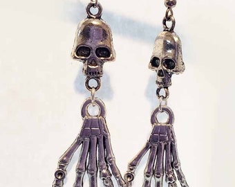 Silver skull skeleton hand charm earrings dangles handmade goth punk biker metal jewelry