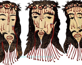 vintage Jesus Christ wearing Thorn Crown painting Holy Trinity printable folk art, clipart png overlay religious digital instant download