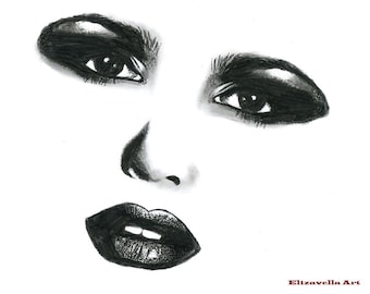 Womans face makeup eyes lips original art drawing portrait pencil black and white artwork