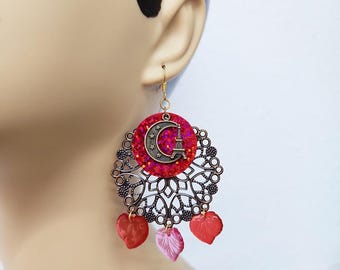 Eiffel tower charm earrings, half moon chandelier earrings, dangles, red leaf drops, bronze, sequin earrings, sparkly handmade jewelry