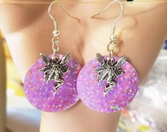 handmade fairy charm pink earrings sequin earrings circles dangles fantasy fairytale jewelry