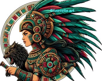 Aztec warrior queen woman png, jpg clipart printable Mexican indian folk art, mexico people, instant download, digital print