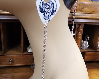 skull guitar pick bead drop earrings long chain dangles handmade music jewelry