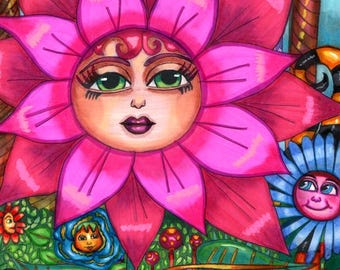 fantasy fairytale drawing magical flower girl garden whimsical original artwork By Elizavella