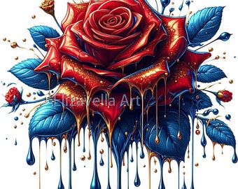 red Rose dripping blue and gold metal liquid, dripping rose png, flower png, gold drips png, printable wall art digital download art