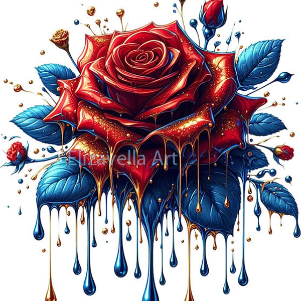 red Rose dripping blue and liquid gold rose png, flower png, gold drips png, printable wall art digital download art