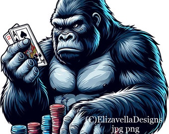 gorilla ape playing cards png, jpg, gorilla gambling casino clipart, printable art, digital print download