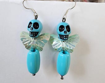 blue butterfly sugar skull earrings, skull bead earrings, long dangles, goth earrings, day of the dead, punk emo handmade jewelry