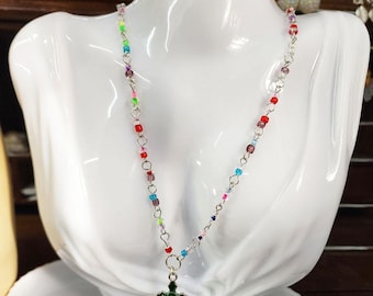 green cross glass beads necklace, glass seed beads,  crucifix charm, cross pendant, glass beaded jewelry, religious