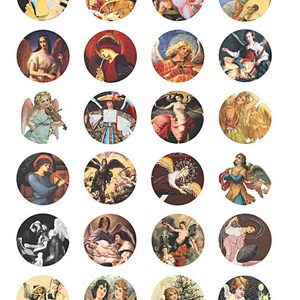 ángeles vintage 1.5" círculos hoja de collage mujeres niños, arte postal imprimible, imágenes prediseñadas de ángeles, descarga instantánea