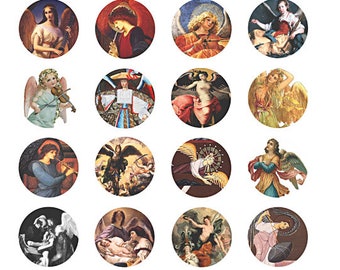 vintage angels 1.5" circles collage sheet women children, printable postcard art, angels clipart, instant download