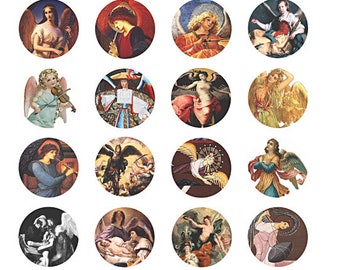 vintage angels 1.5" circles collage sheet women children, printable postcard art, angels clipart, instant download