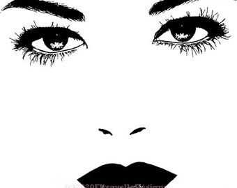 womans face eyes lips clipart jpg png printable wall art digital download makeup beauty graphics images black & white digital stamp