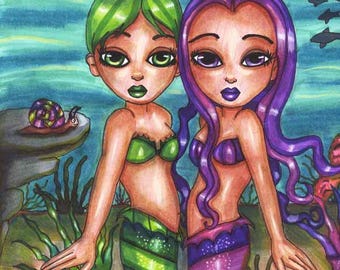 Mermaid twin sisters original art print big eye art original drawing fantasy fairytale outsider art By Elizavella