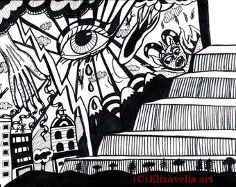 door to heaven original abstract horror art ink drawing surrealism monsters black & white art