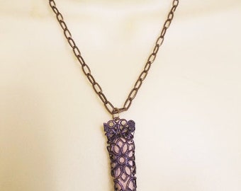 gray stone filigree necklace bronze gold chain rock pendant handmade boho natural jewelry