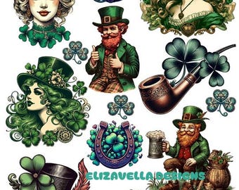 original Irish art printable collage sheet leprechaun clipart digital prints download l clovers ladies